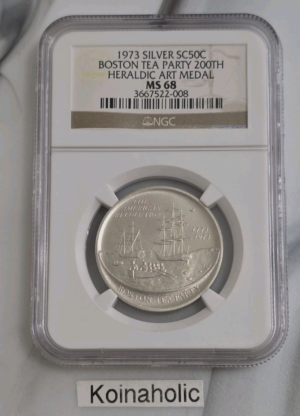 1973 Silver Boston Tea Party, NGC MS68, 200th Anniversary American Revolution