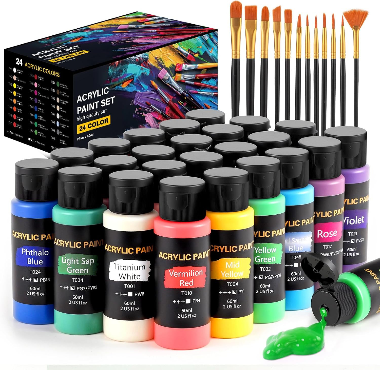 Acrylic Paint Set, 24 Colors (2 oz/Bottle) with 12 Art Brushes, Art Supplies for