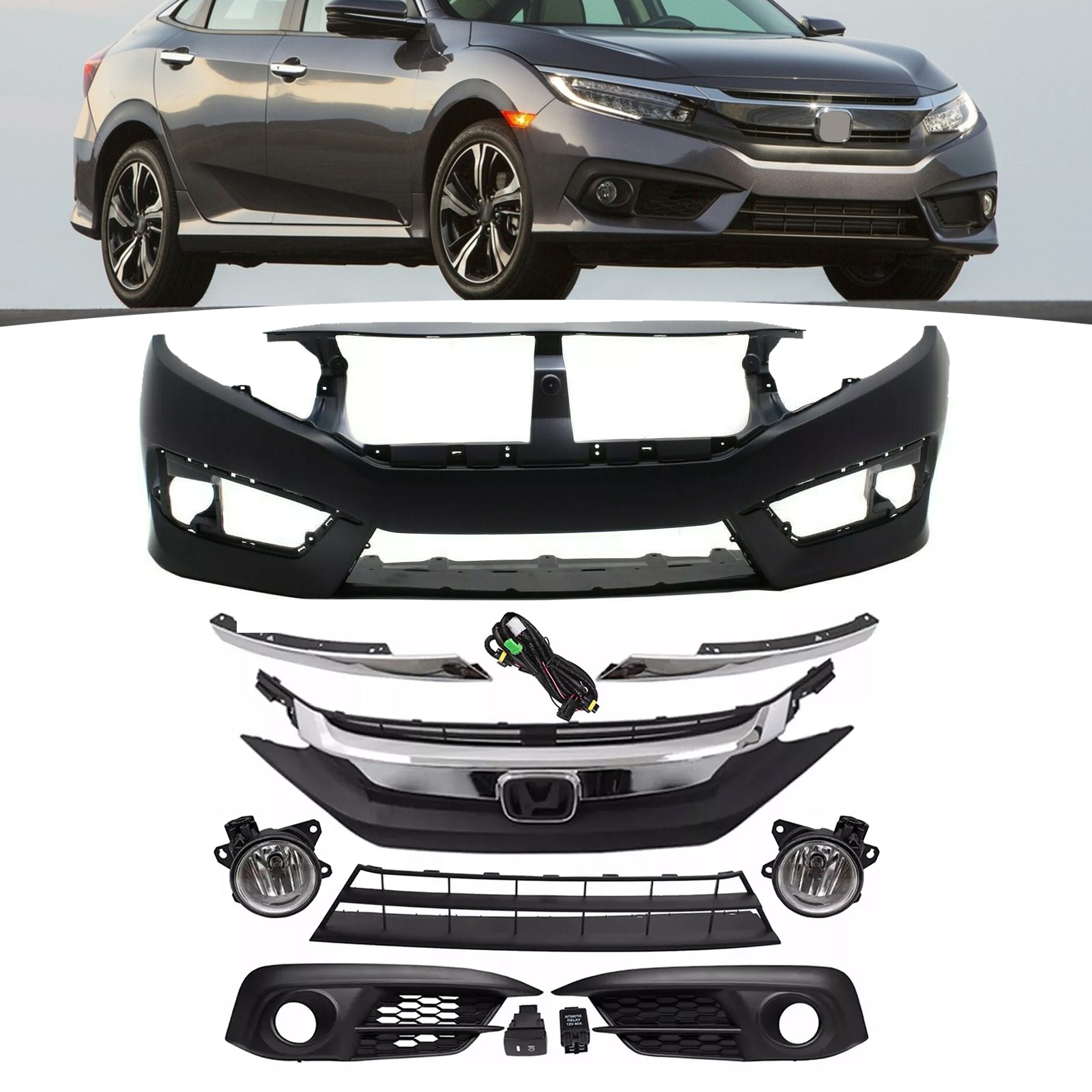 For 2016-2018 Honda Civic Sedan Front Bumper Upper Lower Grille W/ Fog Light