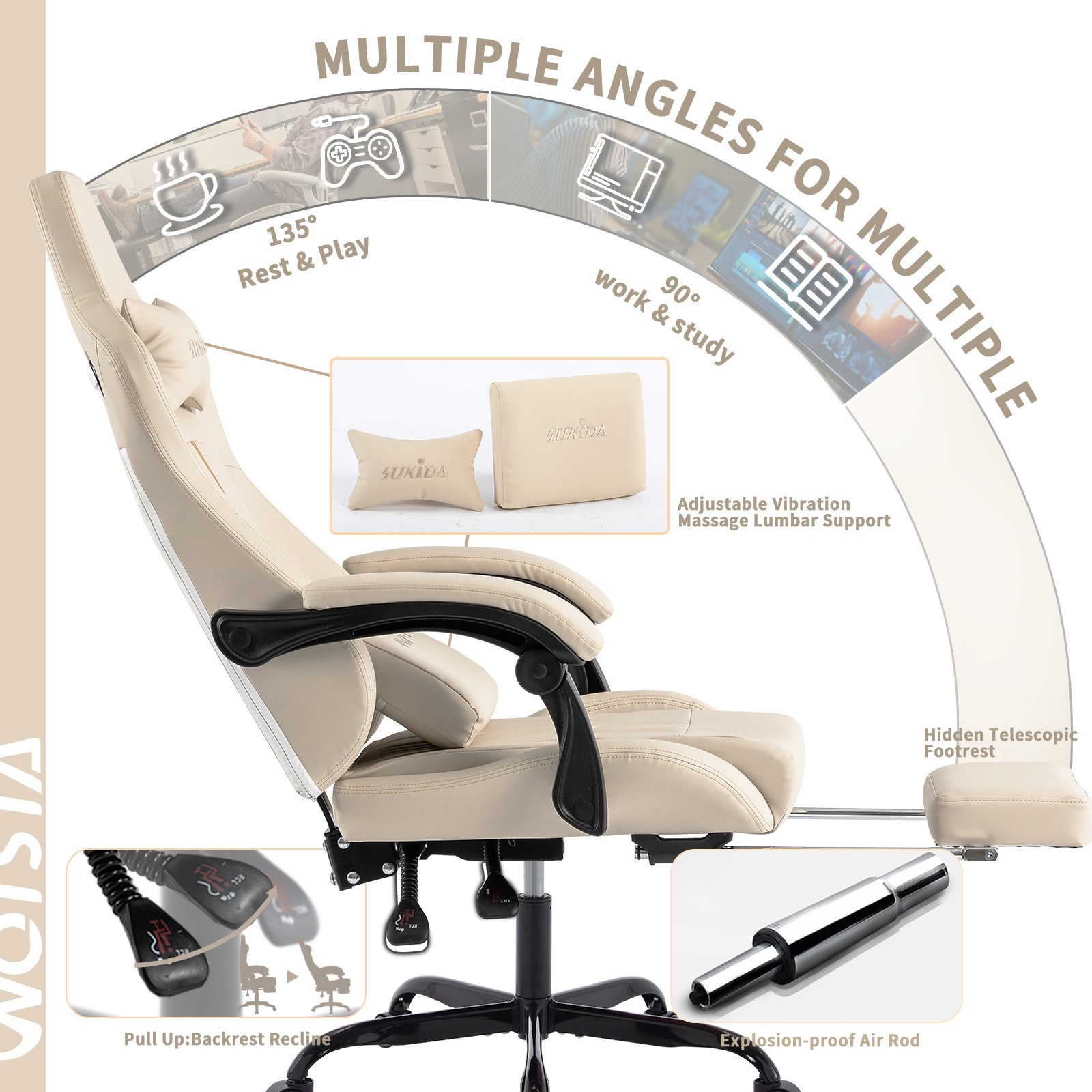 Gaming Chair with Footrest Ergonomic Computer Chair Massage Lumbar Cushion