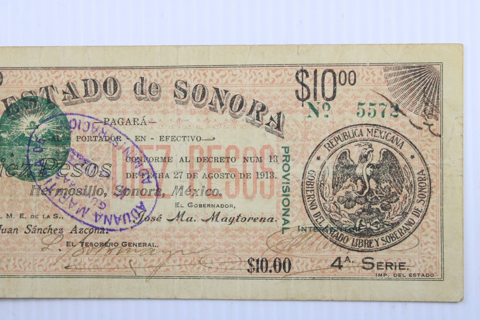 1913 10 PESOS EL ESTADO DE SONORA MEXICO NOTE #481
