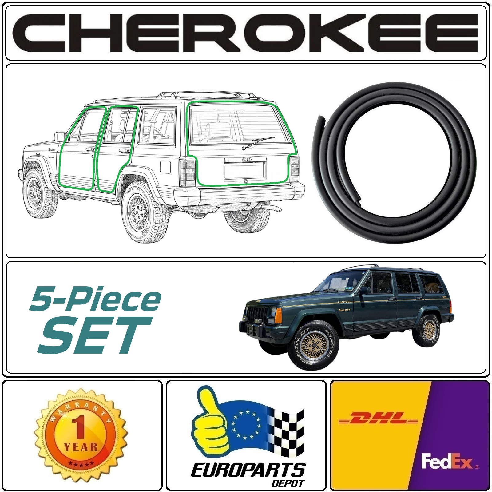 Jeep Cherokee XJ (1984-1996) 5-Piece Weatherstrip Seal Set for Doors & Liftgate