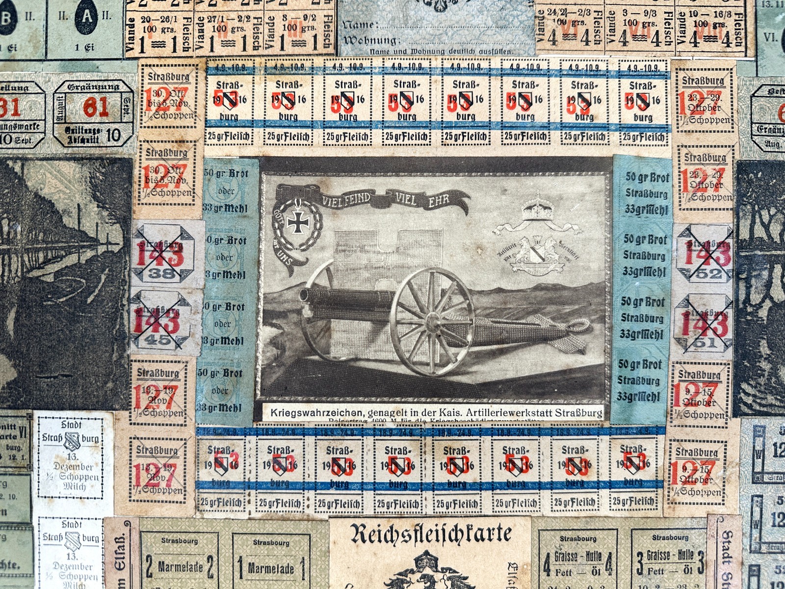 WWI Framed Ration Coupon Collage Folk Art Strasbourg Alsace Germany Trench 1917
