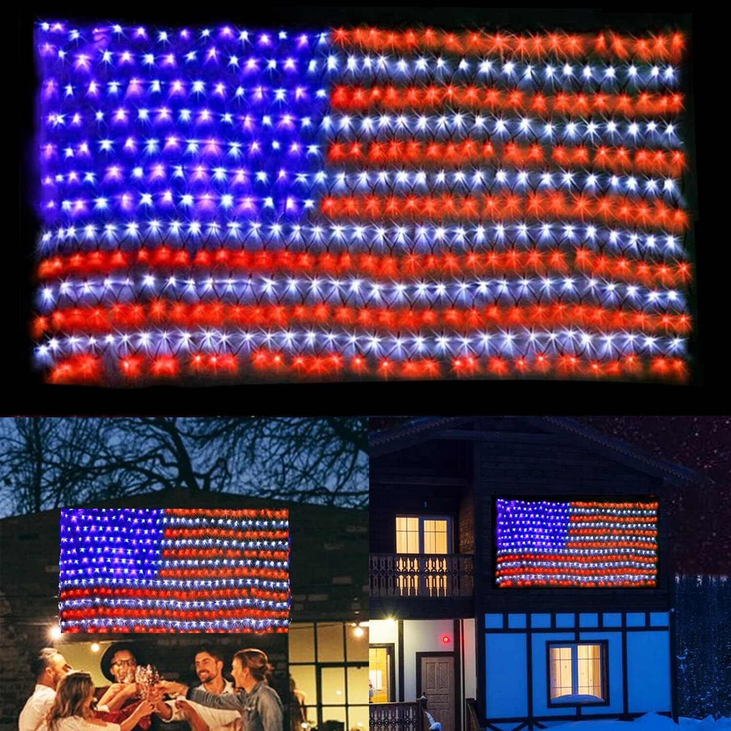 6.5ft x 3.3ft American Flag Net Light, 420 LED String Lights Party Garden Decor