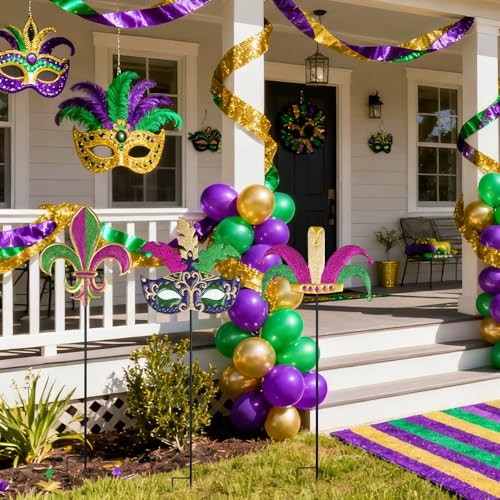 Mardi Gras Outdoor Decorations, Set of 3 Metal 36" Decorative Garden Stakes