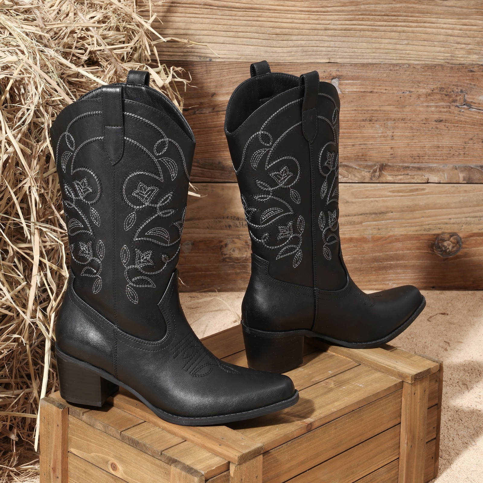 Women Retro Western Boots Cowgirl Boots Chunky Block Heels Mid Calf Ridding Boot