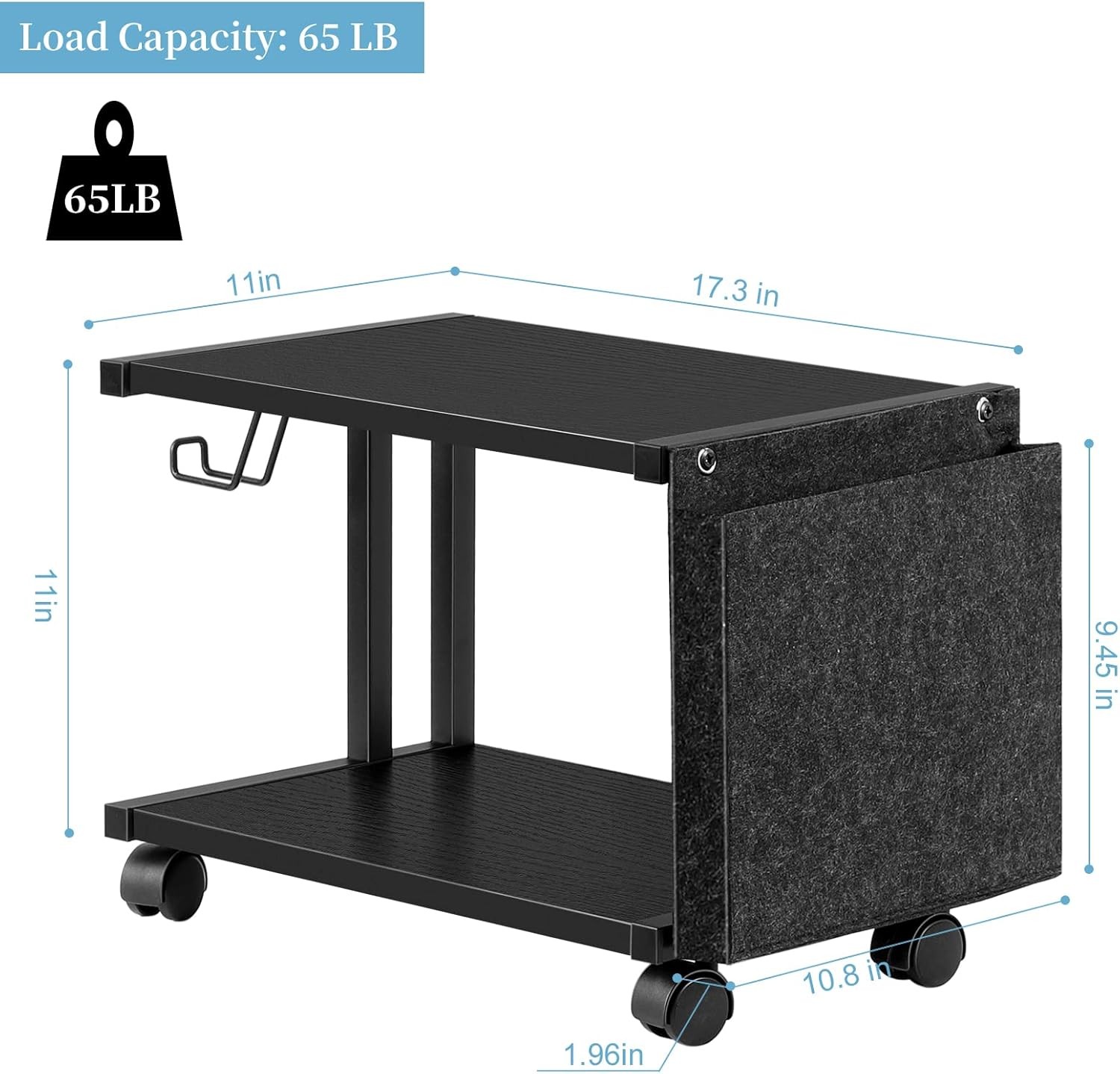 2 Tier Printer Cart w/Wheels Desktop Printer Stand for Office Home Scanner Black