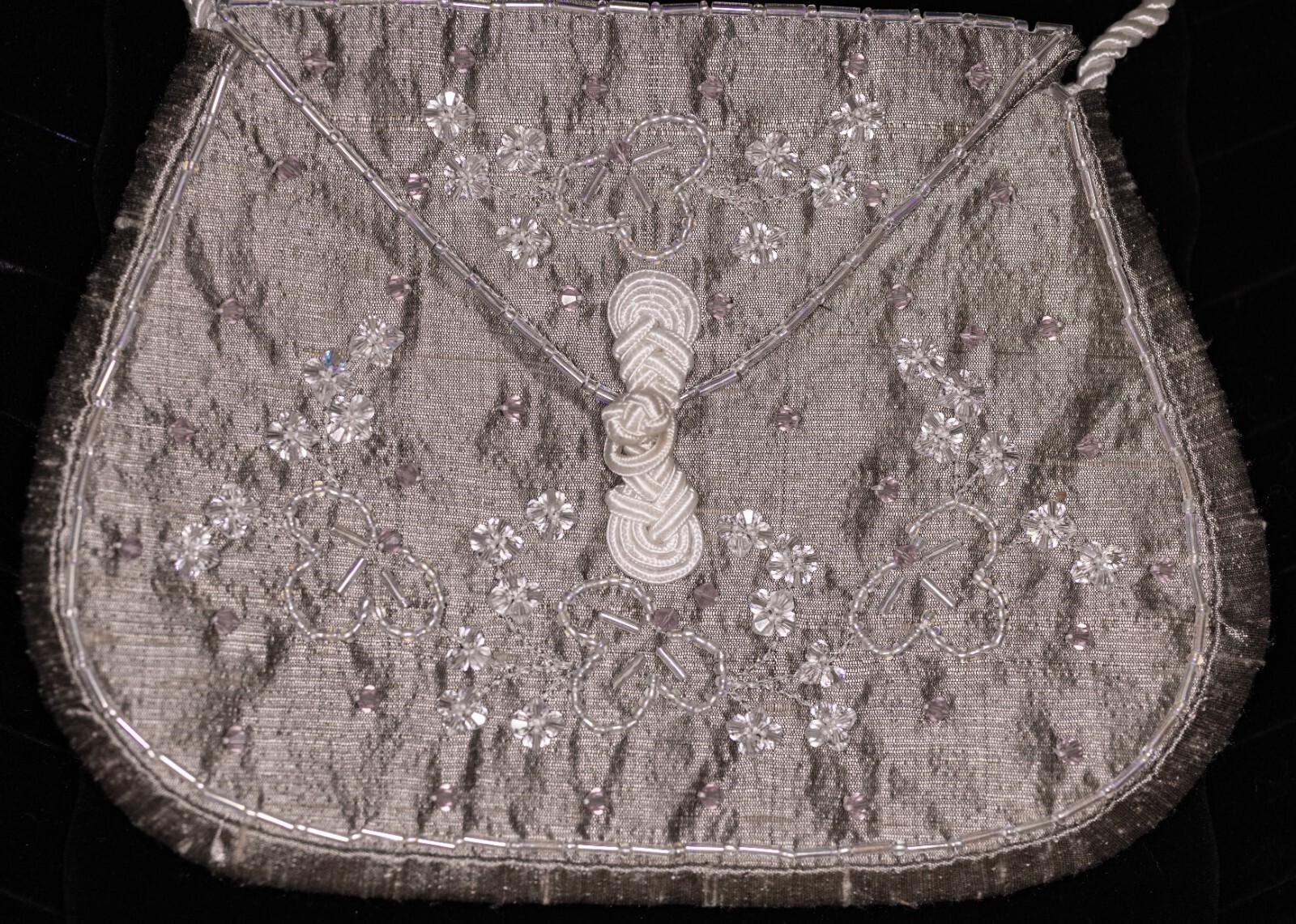 Godey’s 1861 Hand-Beaded Swarovski Reproduction Reticule-Gray Real Silk-New