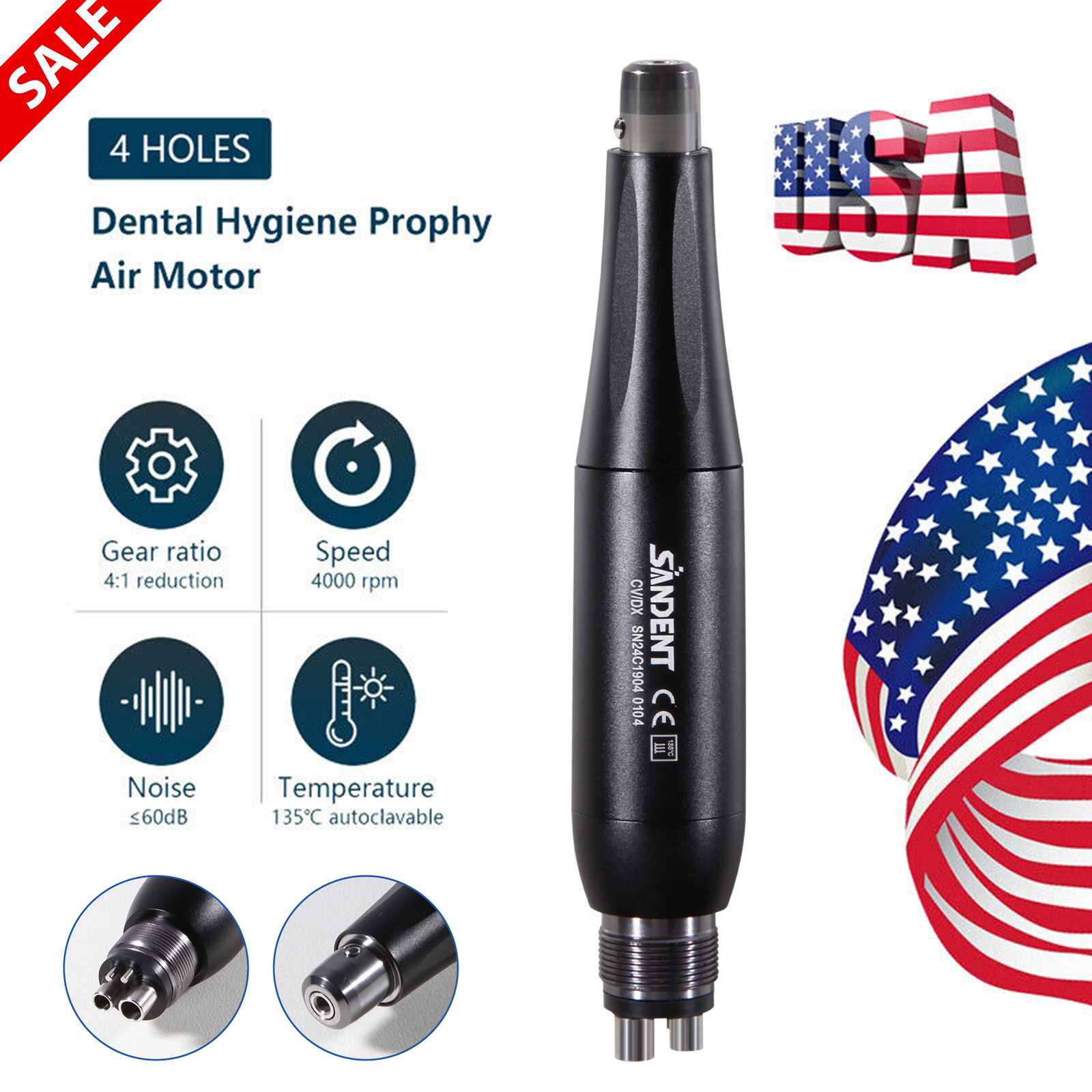360° Swivel Dental Hygiene Prophy Handpiece Air Motor 4:1 Cone 4 Holes 4000 rpm
