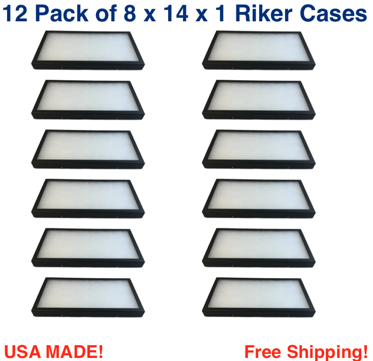 12 Pack of 8 x 14 x 1 Riker Display Cases Boxes with Black Carrying Case