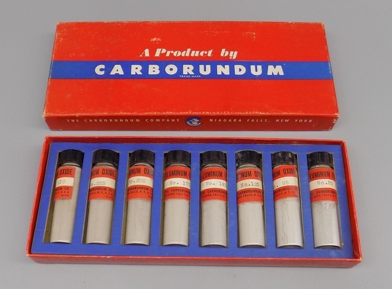 Carborundum Optical Finishing Powder Abrasive ALO Aluminum Oxide 8 Bottles Vtg
