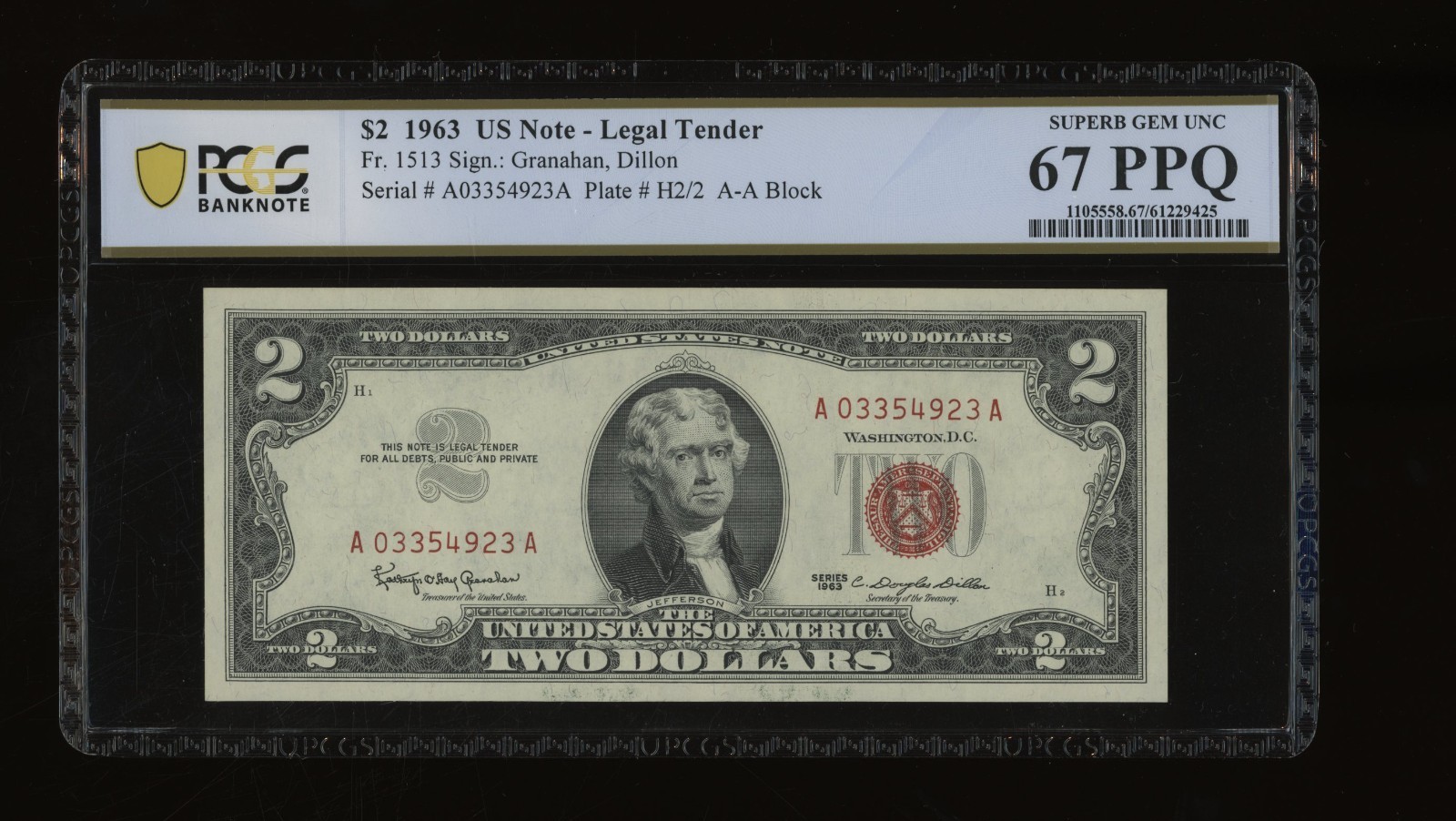 DBR 1963 $2 Legal Superb Gem Fr. 1513 PCGS-B 67 PPQ Serial A03354923A