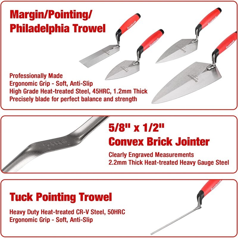 Goldblatt 12PCS Masonry Hand Tool Set Tuck Pointing Trowel Skate String Line Kit