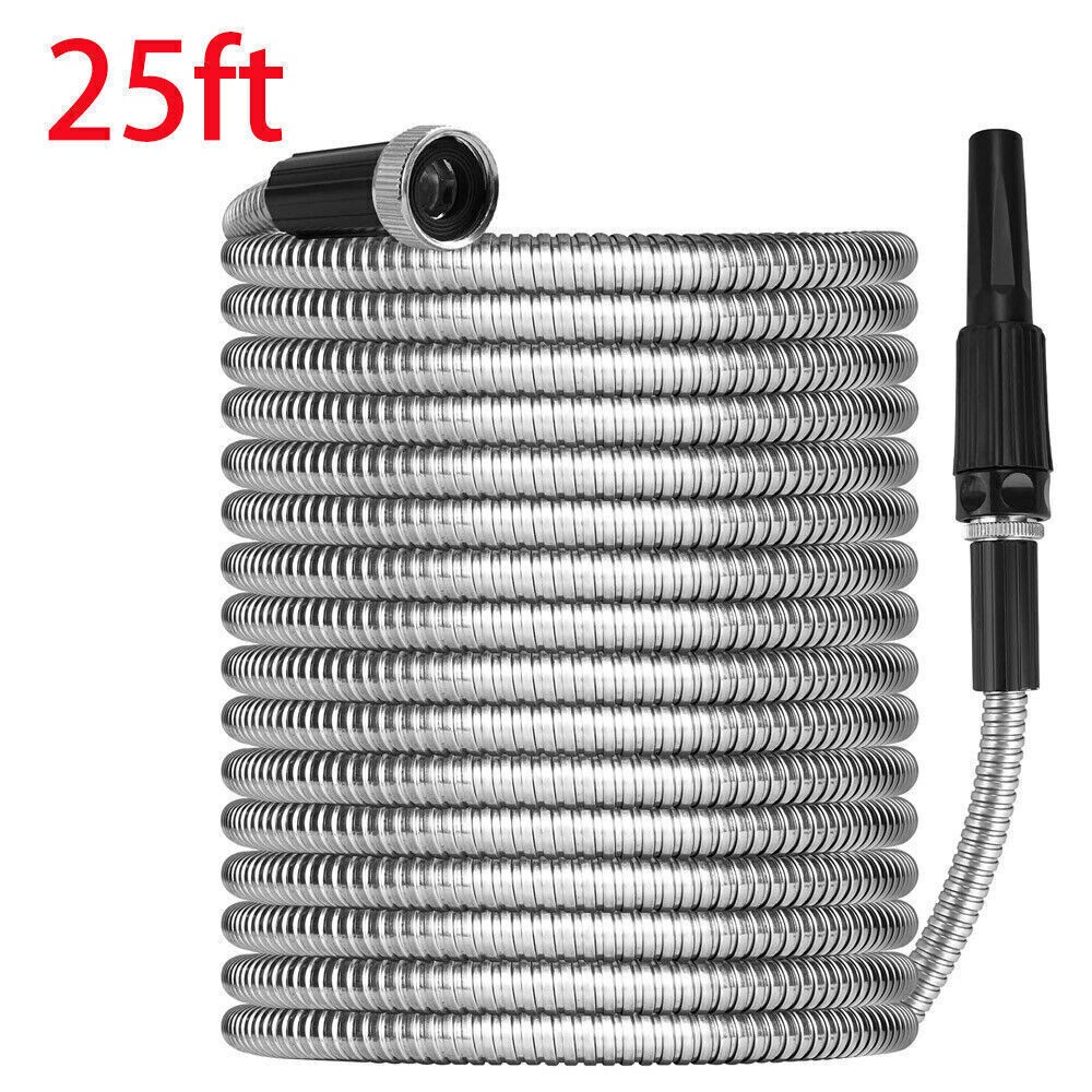Stainless Steel Metal Garden Hose 25/50/75/100FT Water Hose w/ Nozzle Connector