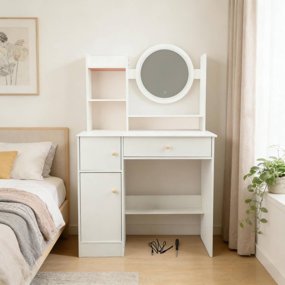 White Vanity Desk with Lights and Mirror Makeup Table Multifunction with Drawer