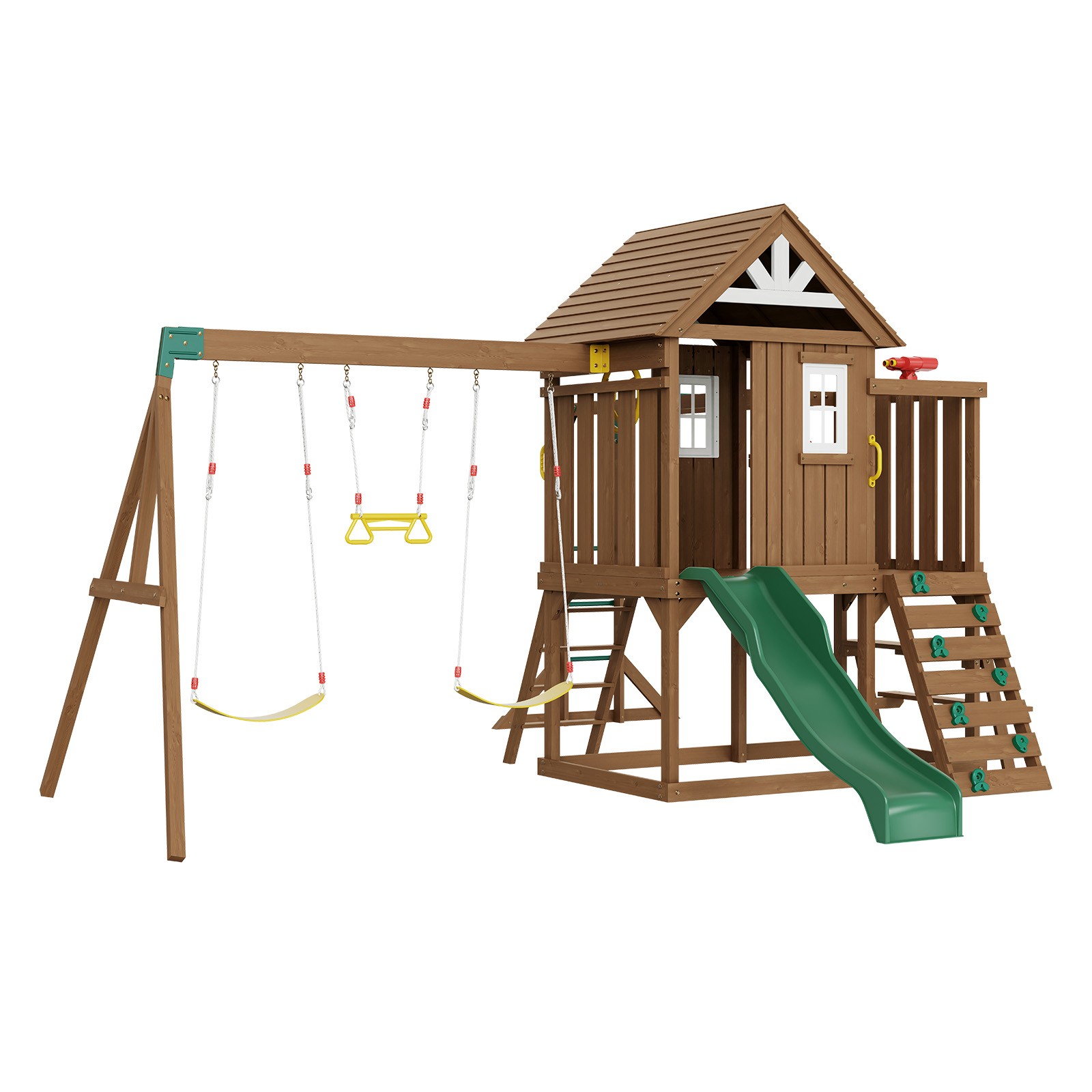 Wooden Swing Set 10 IN 1 Outdoor Playground Sets 6 FT Slide Upper Fort