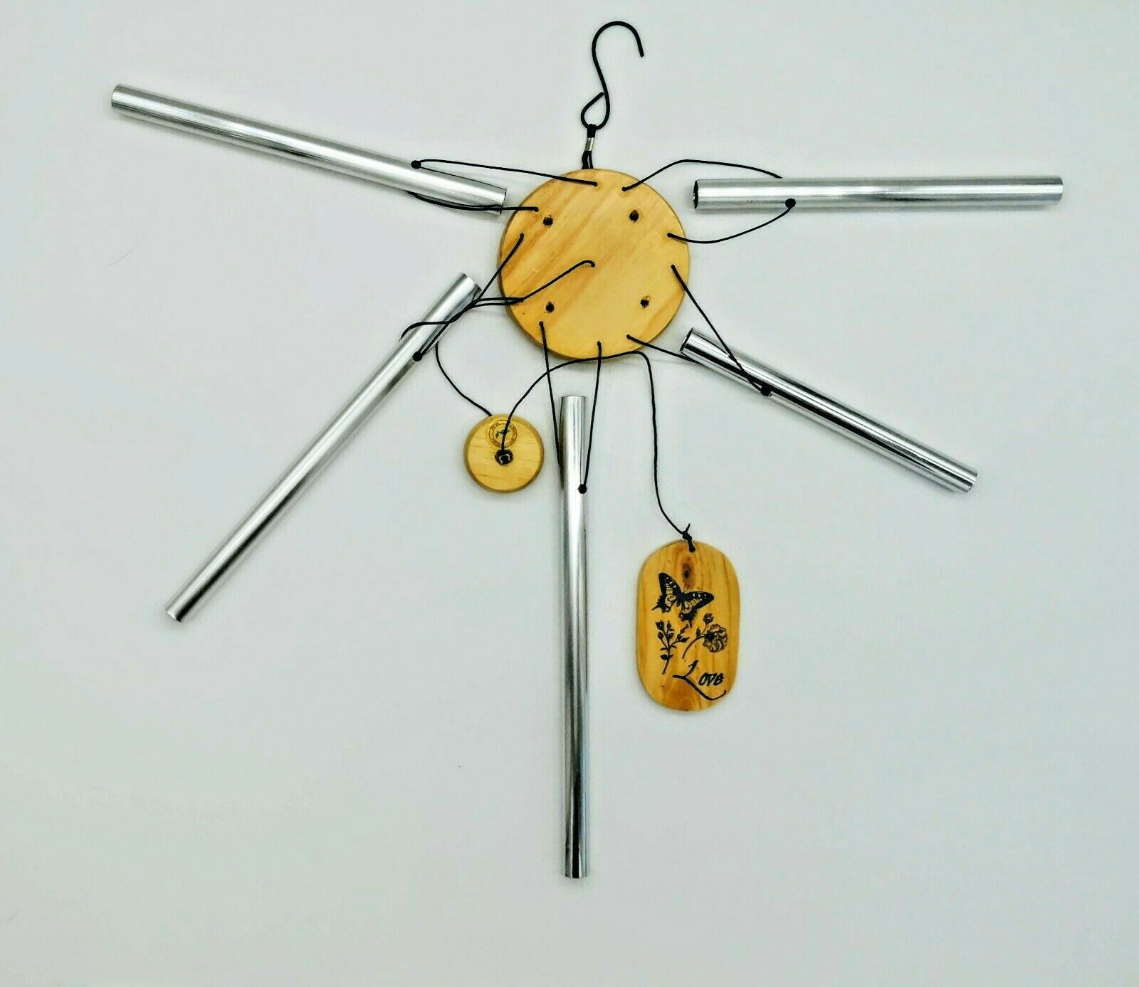Wind Chimes Natural Wood & Metal Love Wind Chime 5 Tubes Wooden 26" Windchimes