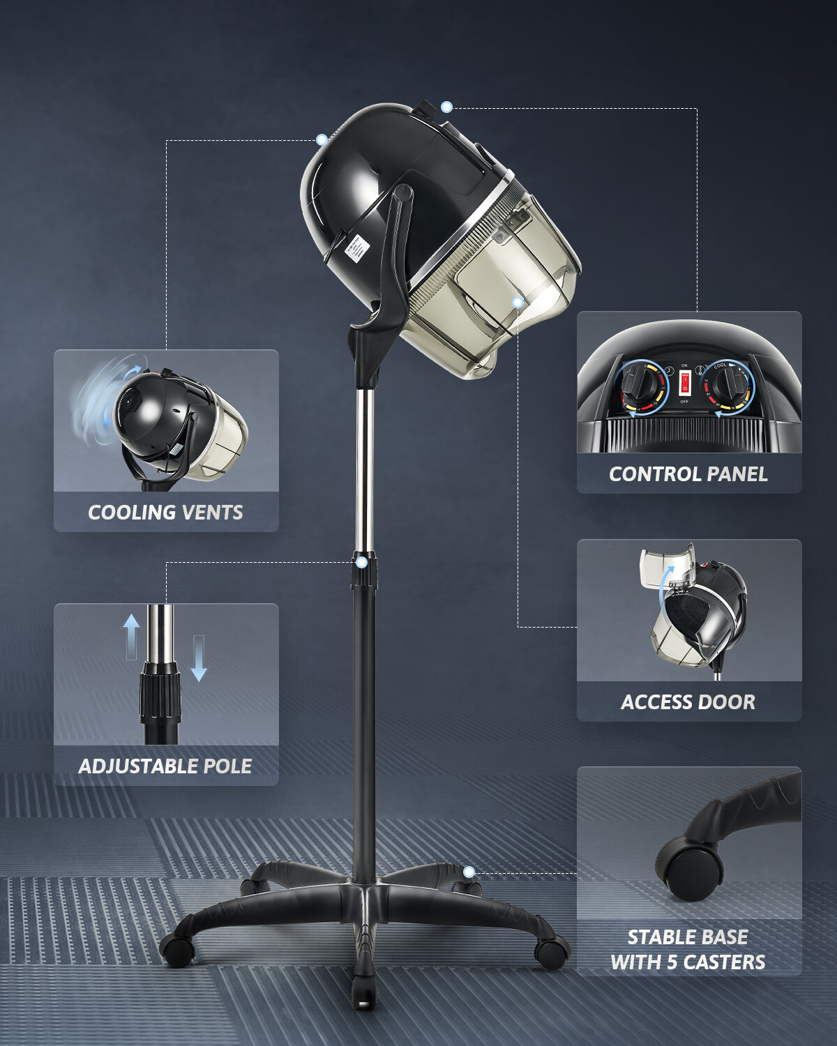 Secondhand 1300W 360° Swivel Floor Standing Bonnet Hair Dryer with Wheels