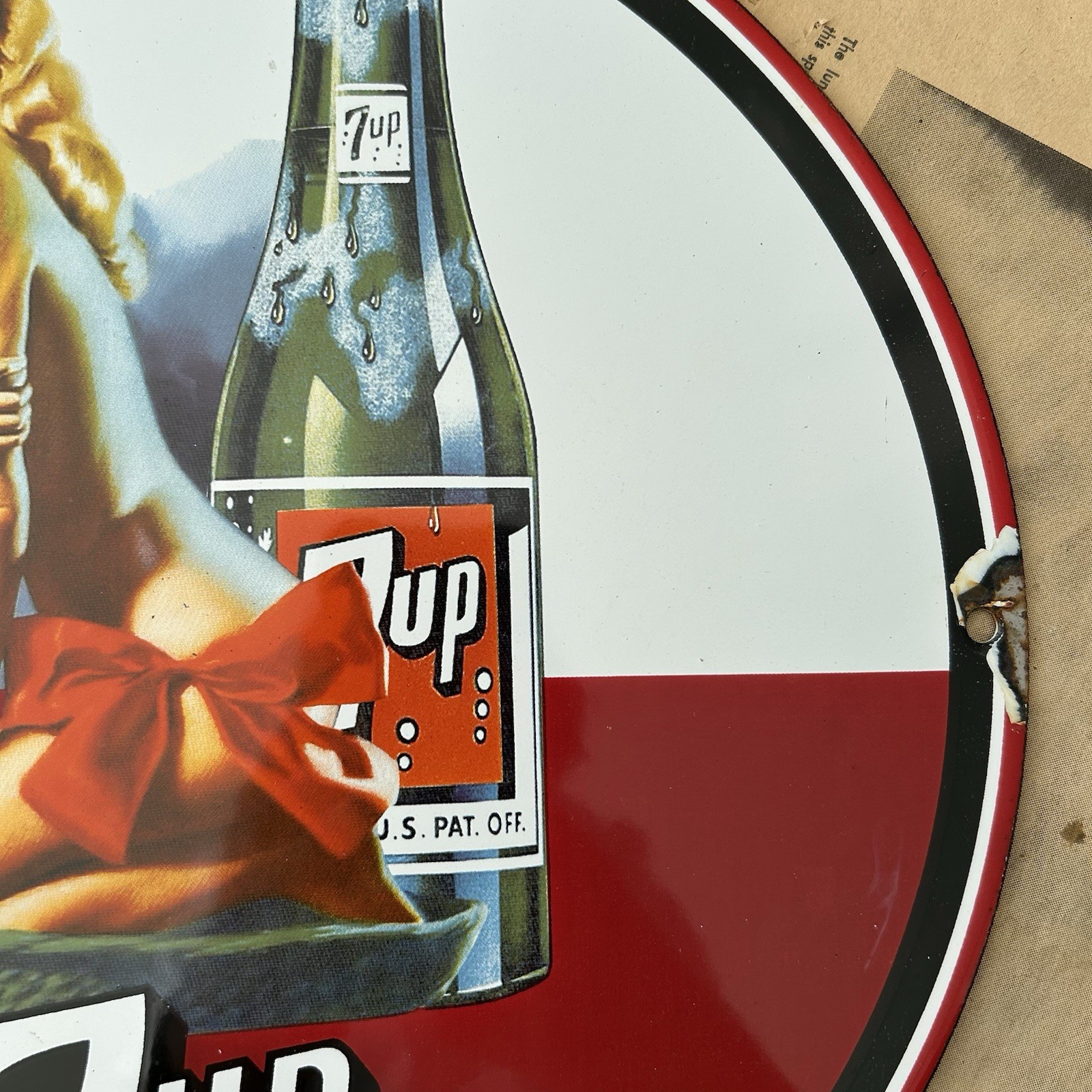 Vintage 7UP Soda Pin-Up Advertisement 12-Inch Porcelain Sign