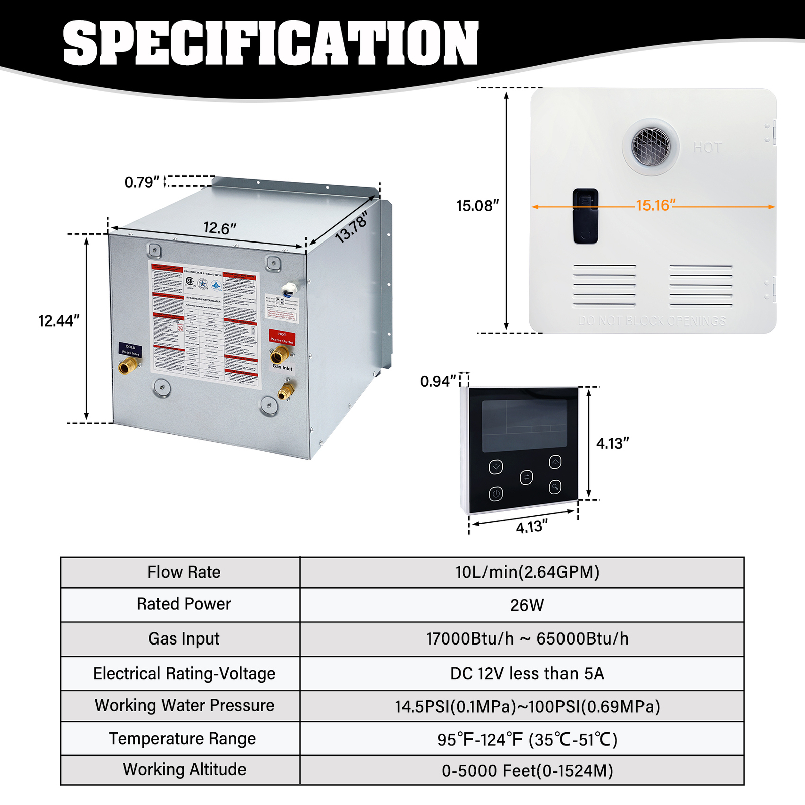 TCFUNDY RV Tankless Water Heater Propane Gas 2.6GPM 65000BTU with Controller