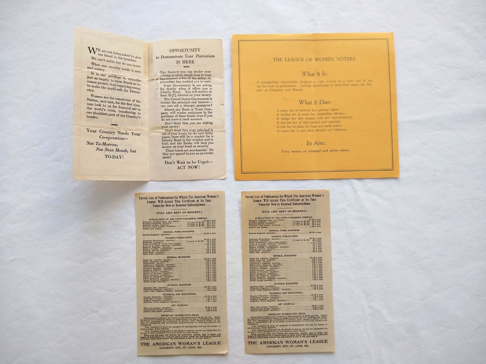 Women’s League, Voters, Liberty Bonds Lot of 4 Ephemera NYC & St Louis Paper