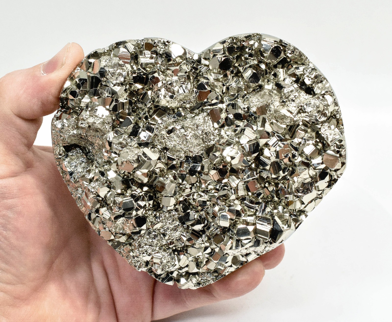 4.37" Polished PYRITE CRYSTAL HEART Carving Huanzala mine, Peru T706