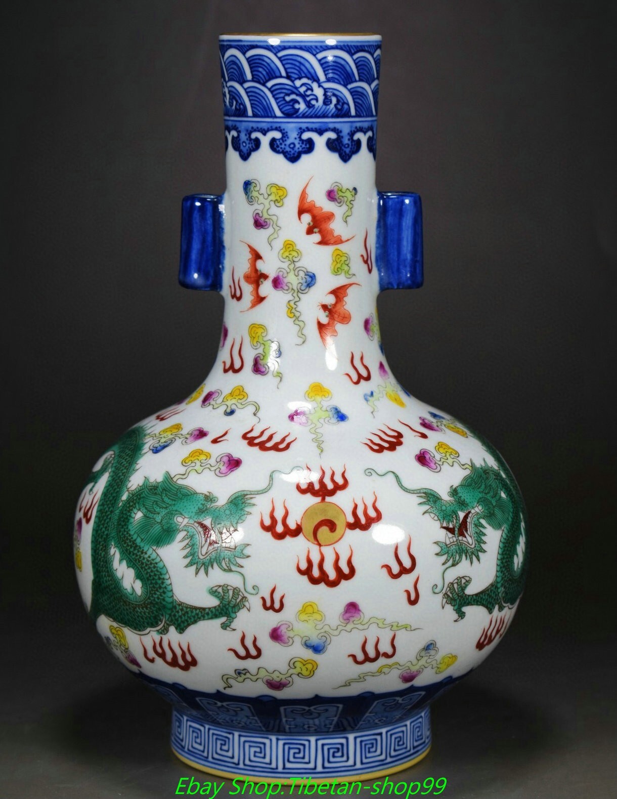 10.2'' Qing Yongzheng Marked Blue White Colour Porcelain Gold Bottle Vase Pair