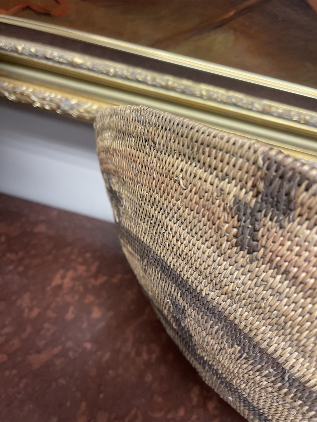 Woven Apache pictorial 17 1/4” basket with geometric and symbolic designs.