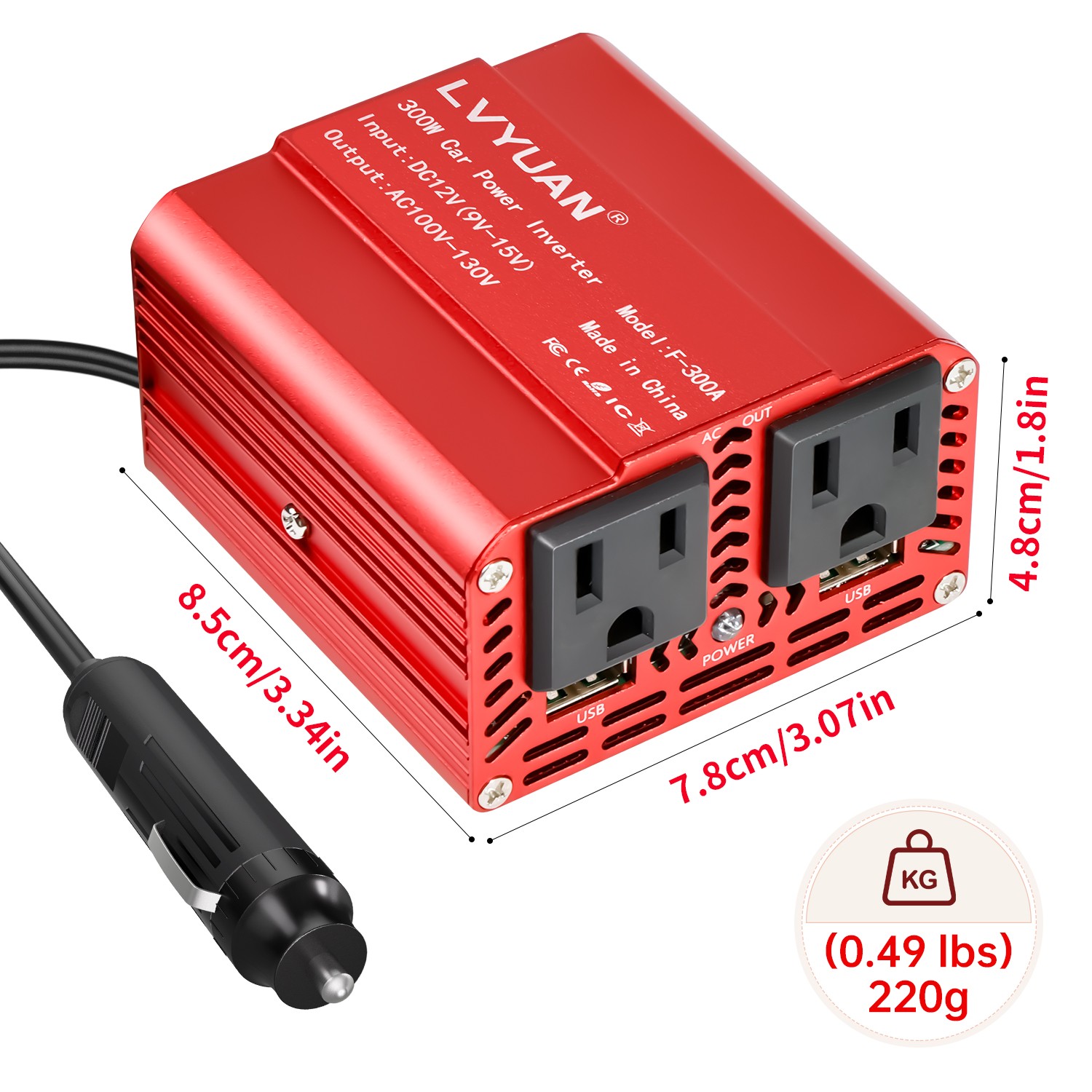 300W Power Inverter DC 12V to 120V AC Car Adapter with 2USB 2AC Red for Laptop