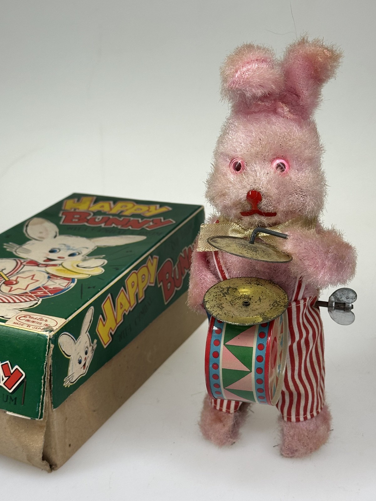 Vintage Japan MECHANICAL Wind Up Cymbals Drumming Easter Bunny Box Works VIDEO