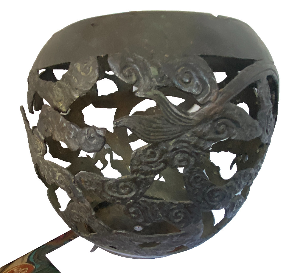 Antique Chinese Qing Dynasty Openwork Bronze with Dragon & Clouds 9” 4lbs c.1900