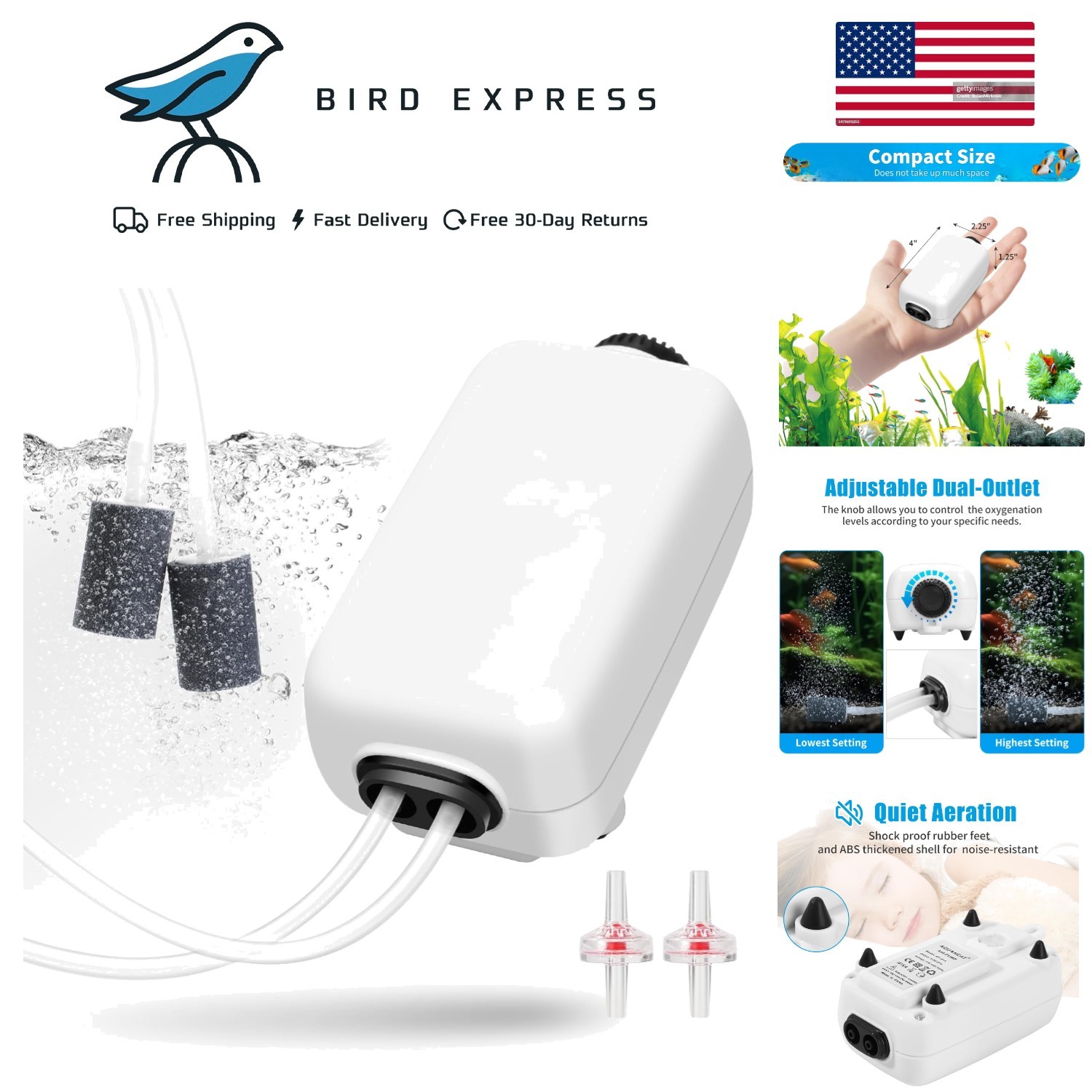 Aquarium Air Pump 100 Gallon Fish Tank Bubbler Oxygen Aerator with Stones