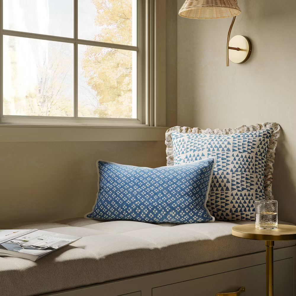 Square Bird in Nature Pillow with Printed Reverse and Ruffle Trim neutral