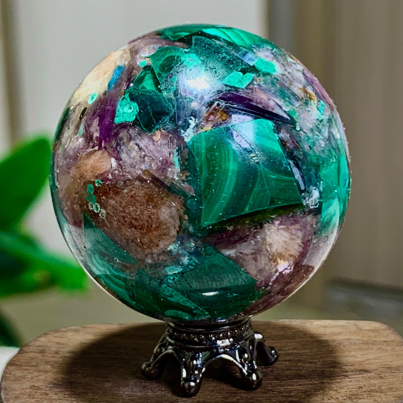 84G Newly discovered rare malachite purple mica symbiotic sphere restoration