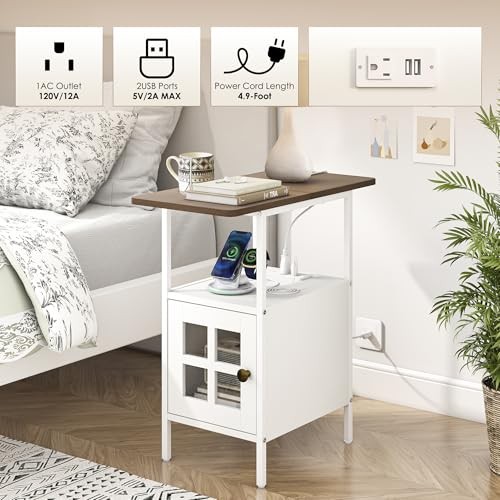 Farmhouse Narrow Side Table with Charging Station - 3-Tier End White-glass