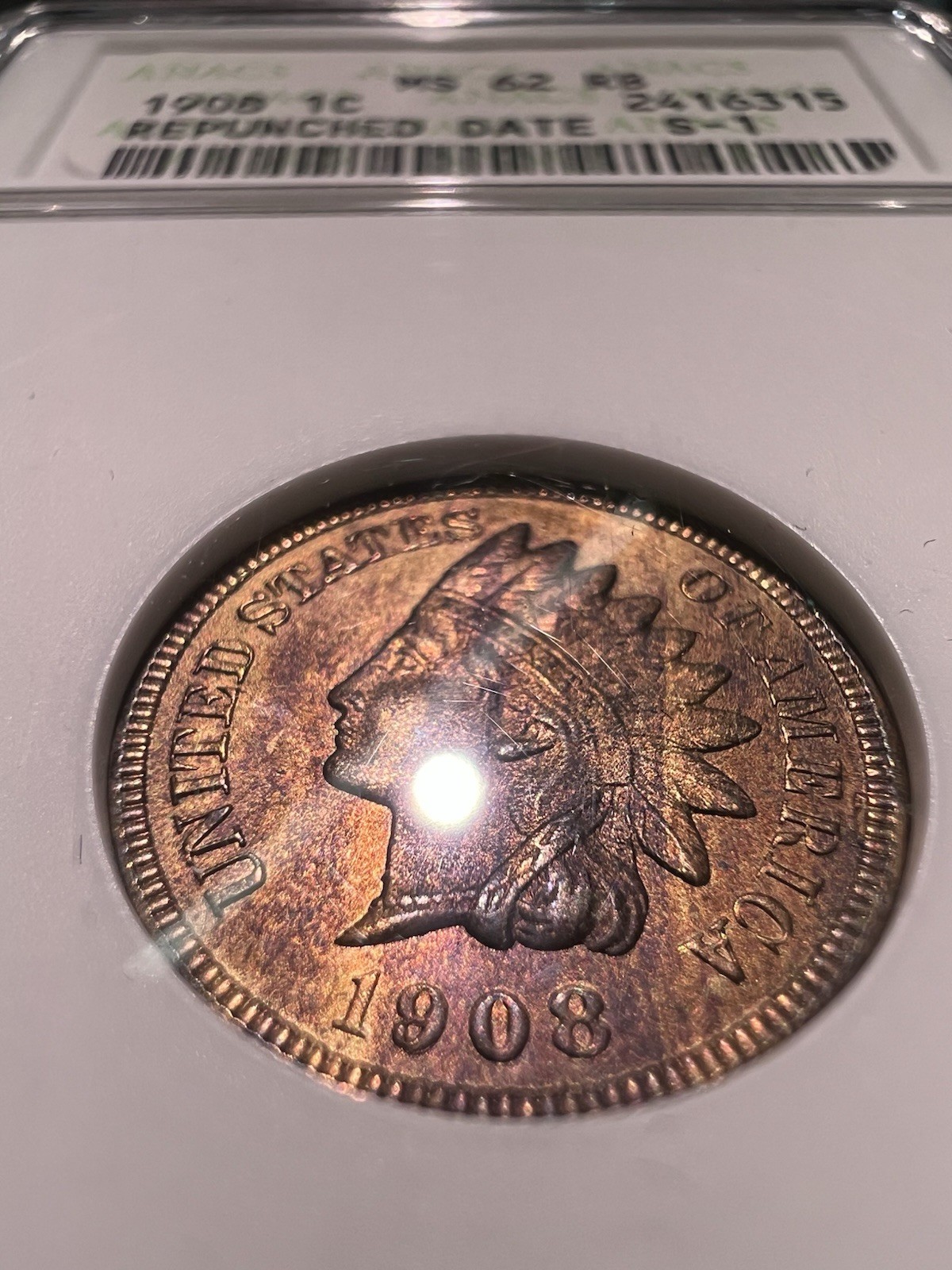 1908 Indian Head Cent ANACS Vintage Soap Box MS62RB Snow-1 RPD 🌈PQ