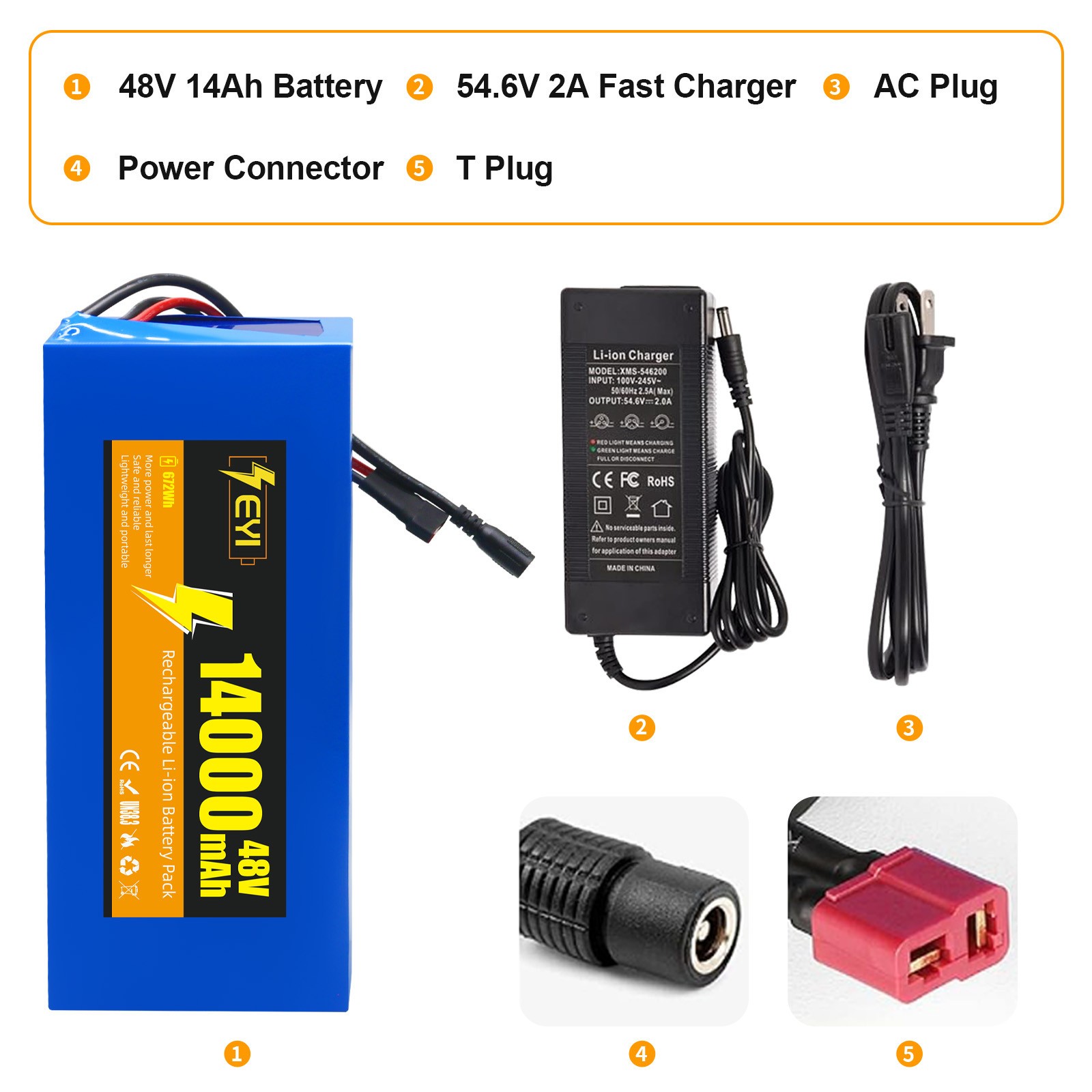 48V 14Ah Lithium Battery Pack for 0-1400W Ebike Bicycle Scooter with 2A Charger