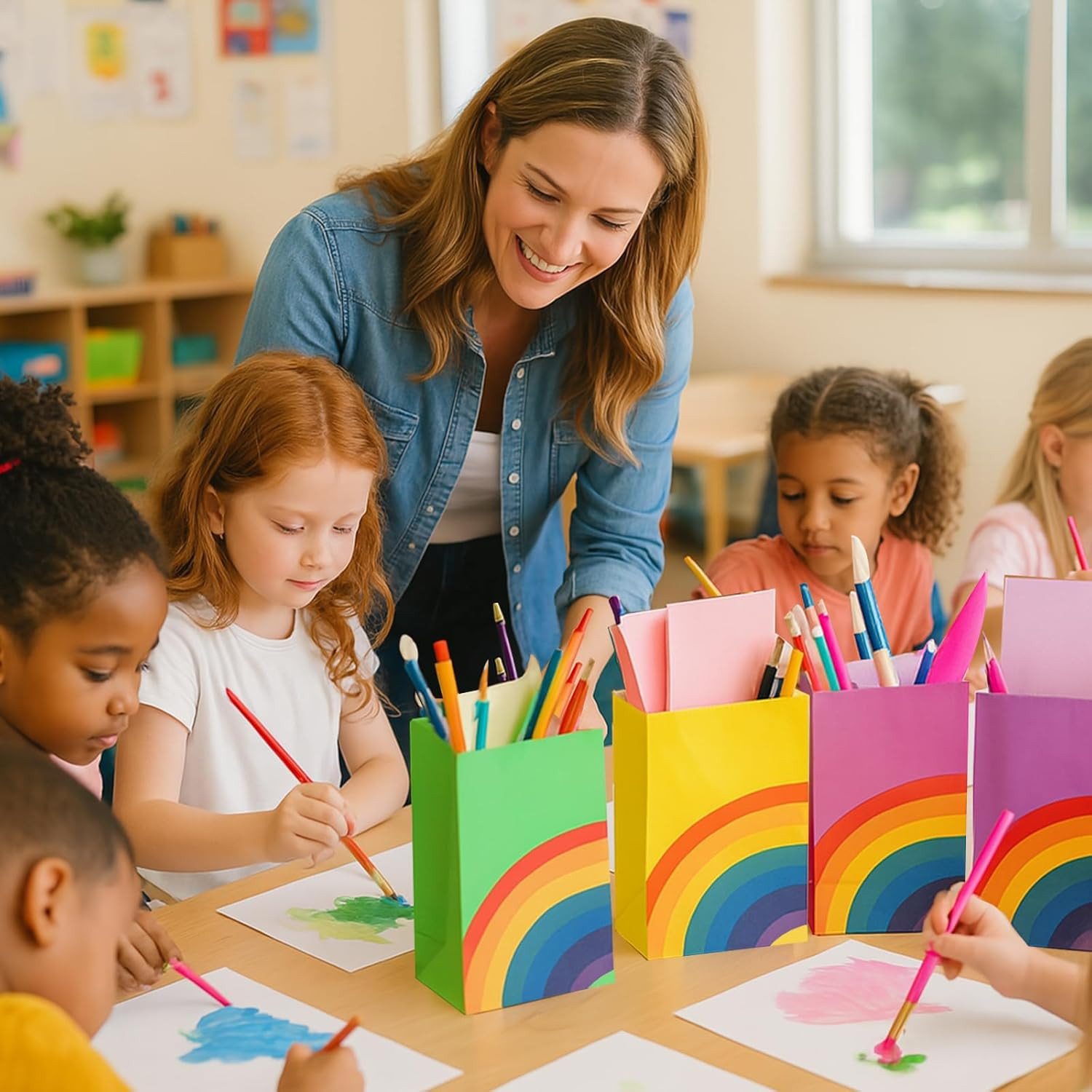 36 Pack Party Favor Bags, 4.8 X 3 X 8.7 Inch Rainbow Paper Bags 8 Colors, for Ki