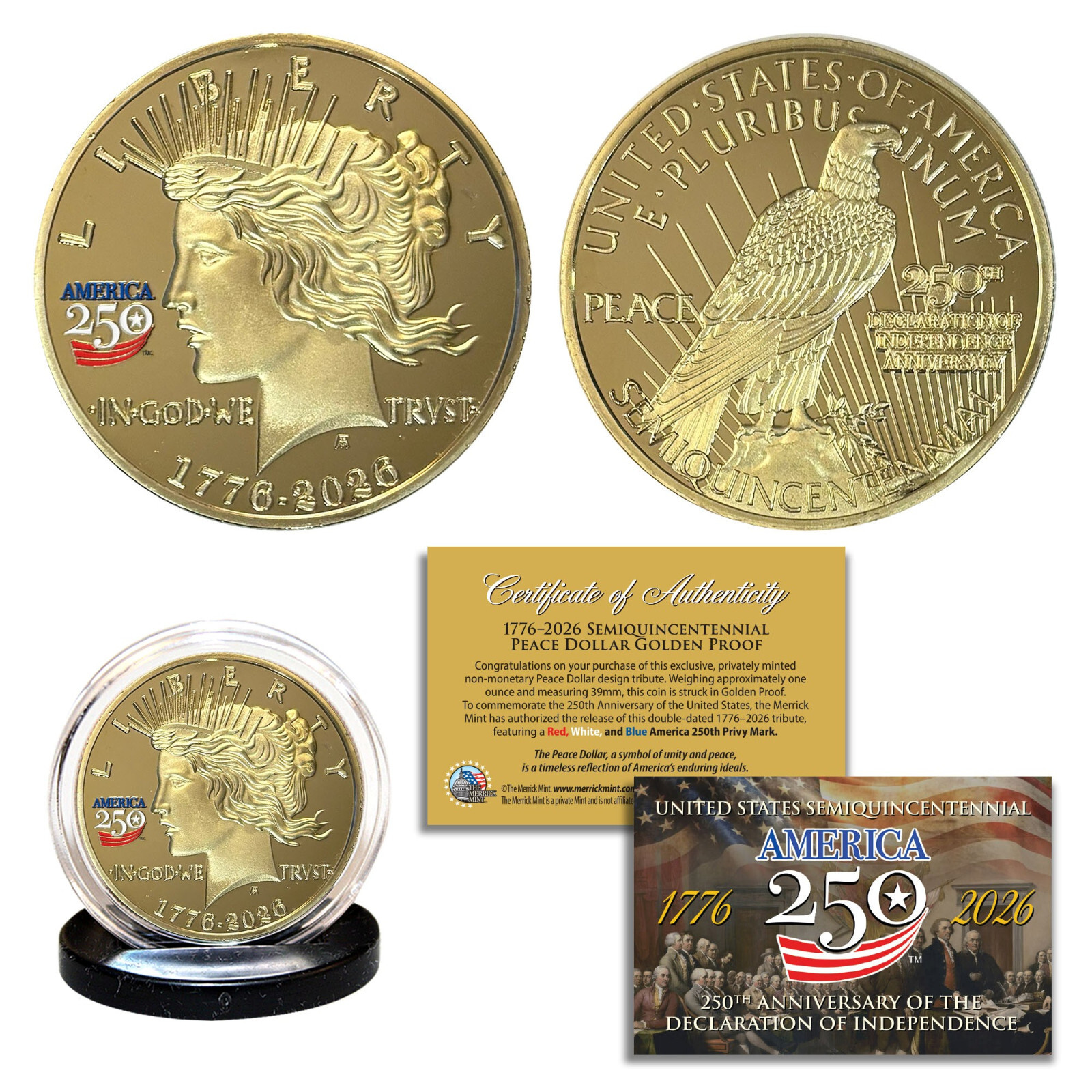 1776-2026 Semiquincentennial AMERICA 250 PEACE DOLLAR Golden Tribute 1 OZ Coin