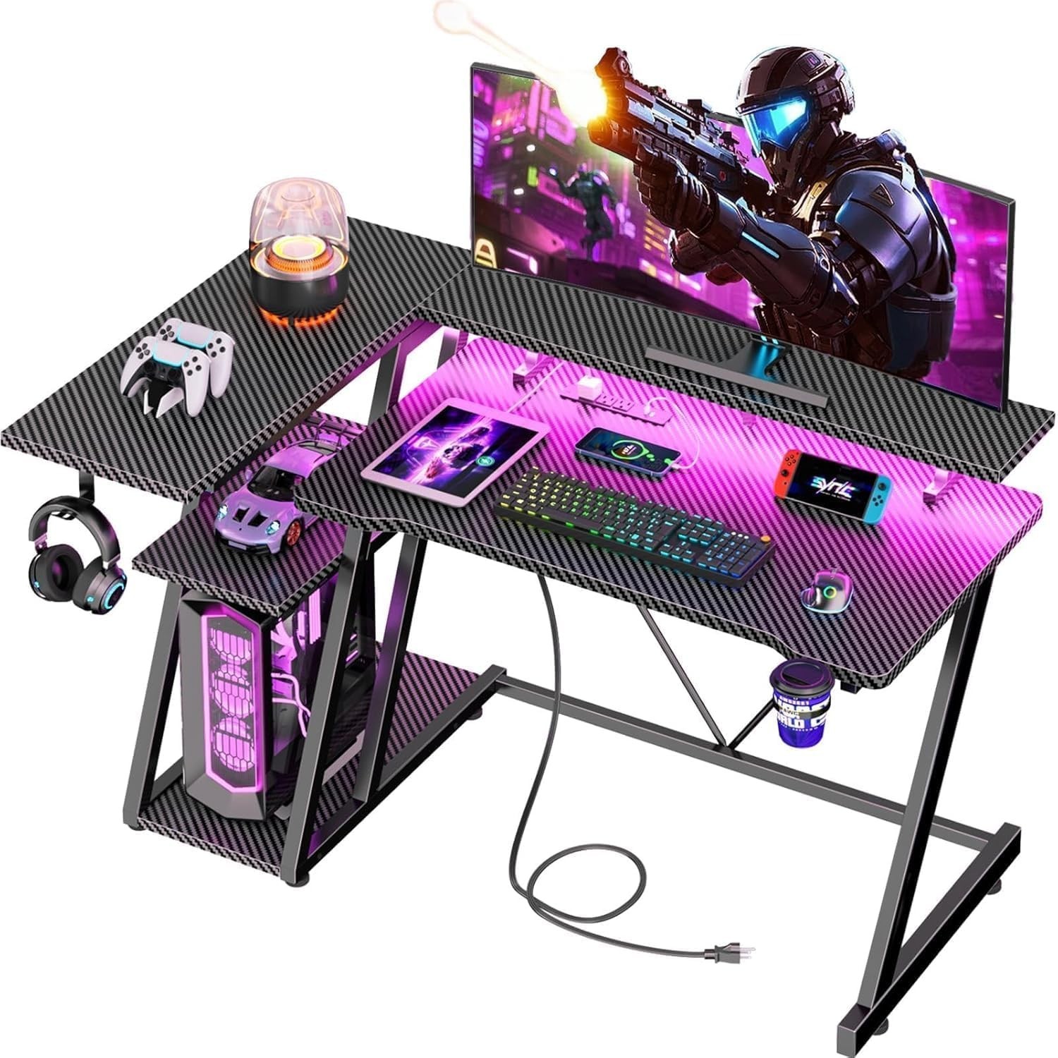 40 Inch Gaming Desk with Power Outlet & LED Lights, L Shaped Computer Gaming