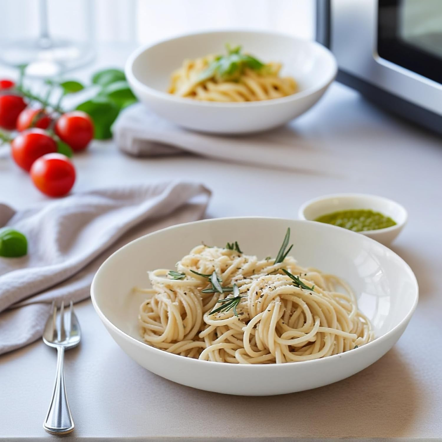 7 Pack Porcelain Pasta Bowls Ceramic , Large Serving Bowl, Wide and Shallow, Set