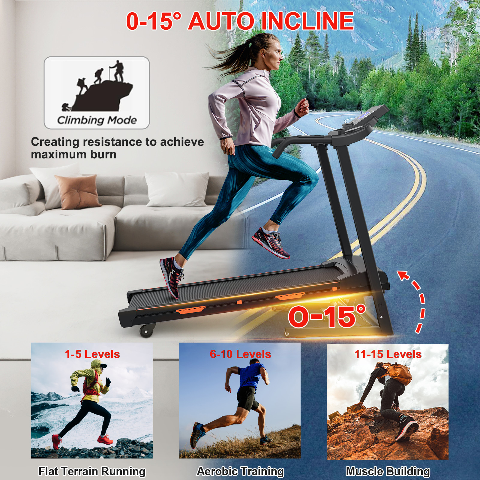 3.5HP Foldable Treadmill for Home w/ 15% Auto Incline 8.5MPH 400LBS Capacity APP