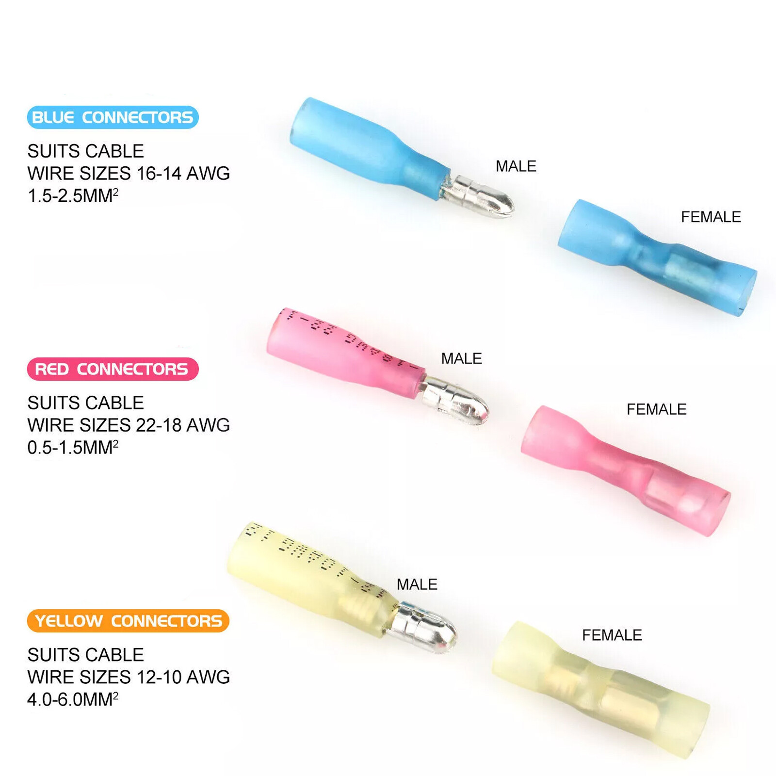 200pcs Heat Shrink Bullet Wire Connectors 22-10AWG Male Female Crimp Terminals