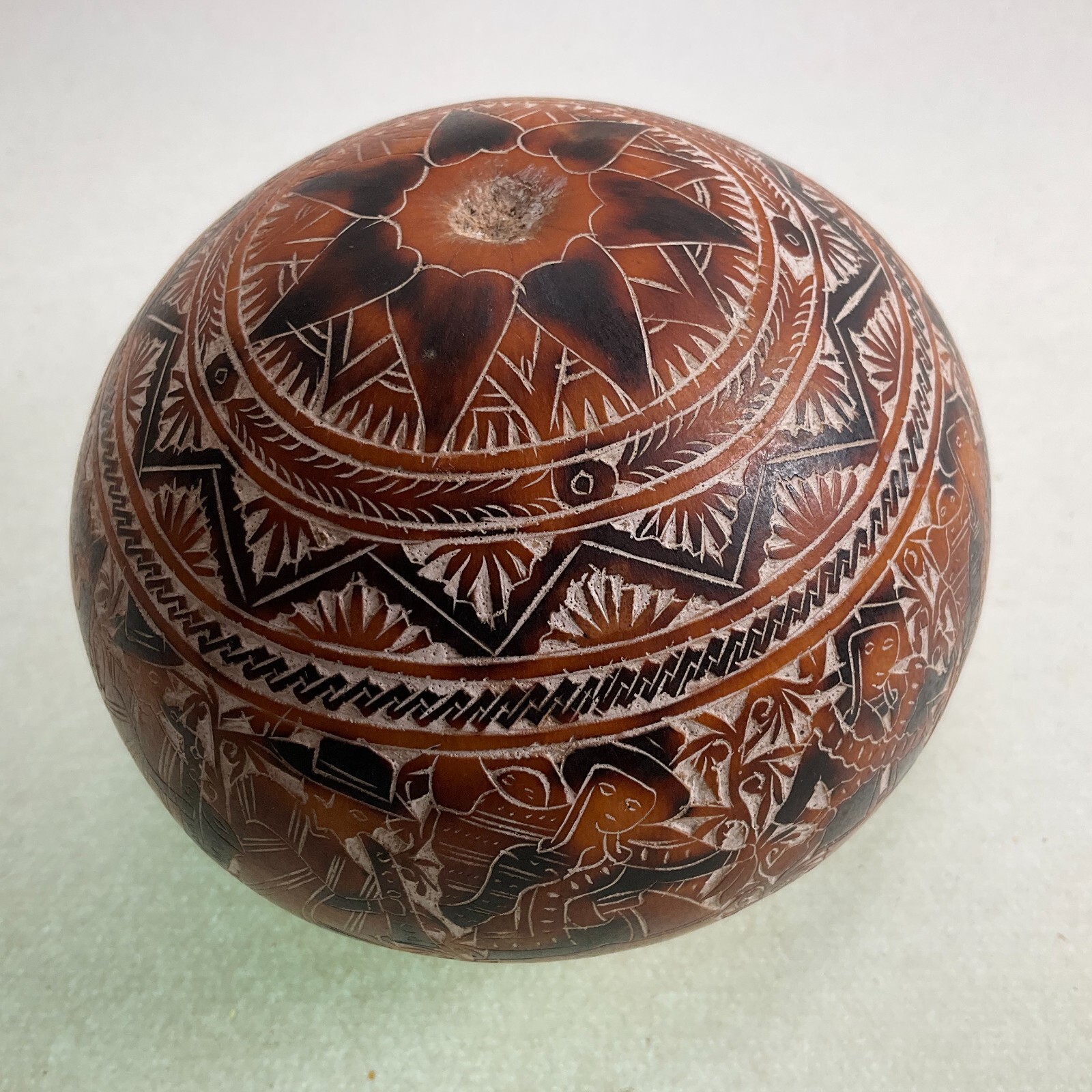 Peruvian Intricate Hand Carved Story Gourd - Musicians - Folk Art
