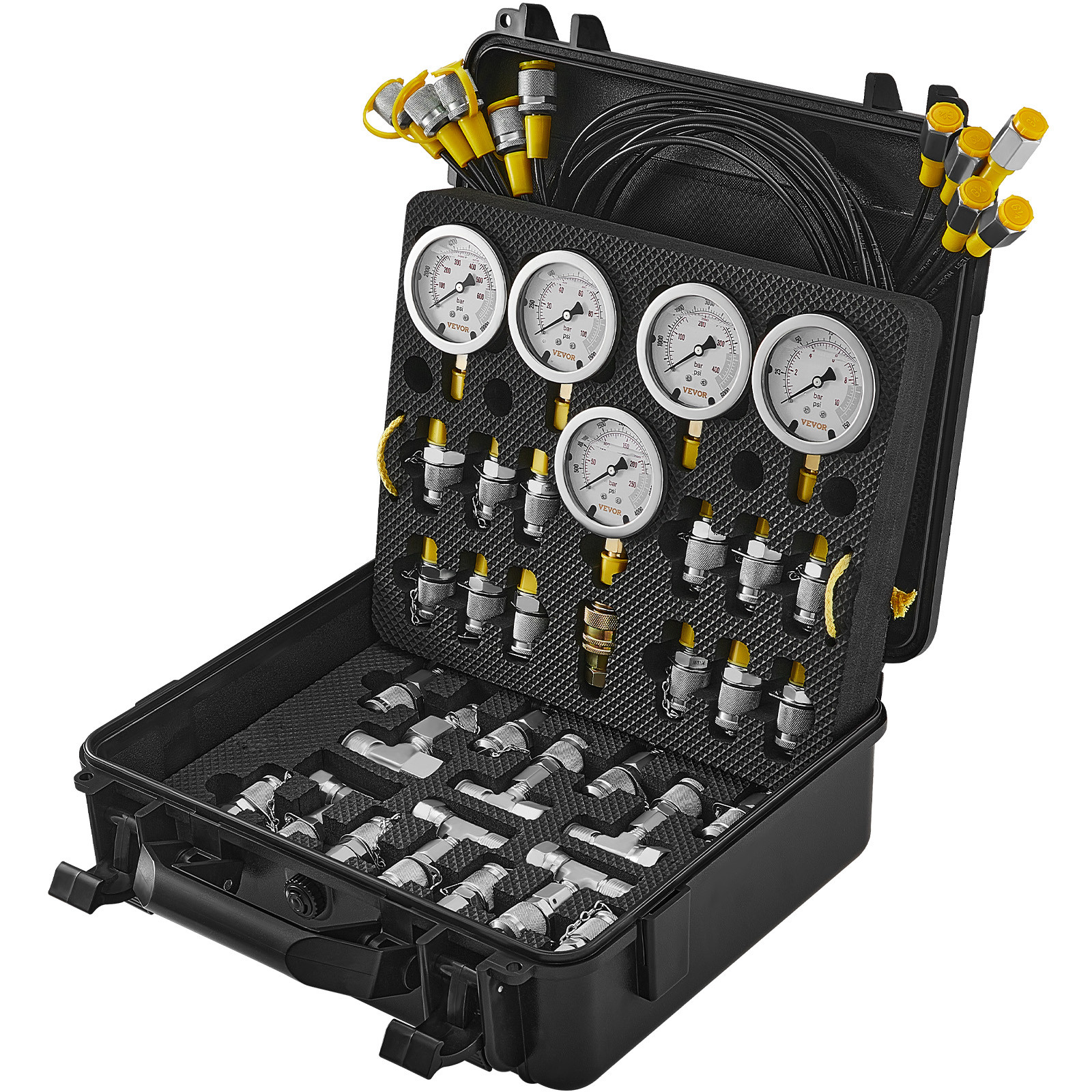 Hydraulic Pressure Test Kit 5 Gauges 13 Couplings 14 Tee Connectors 5 Hose