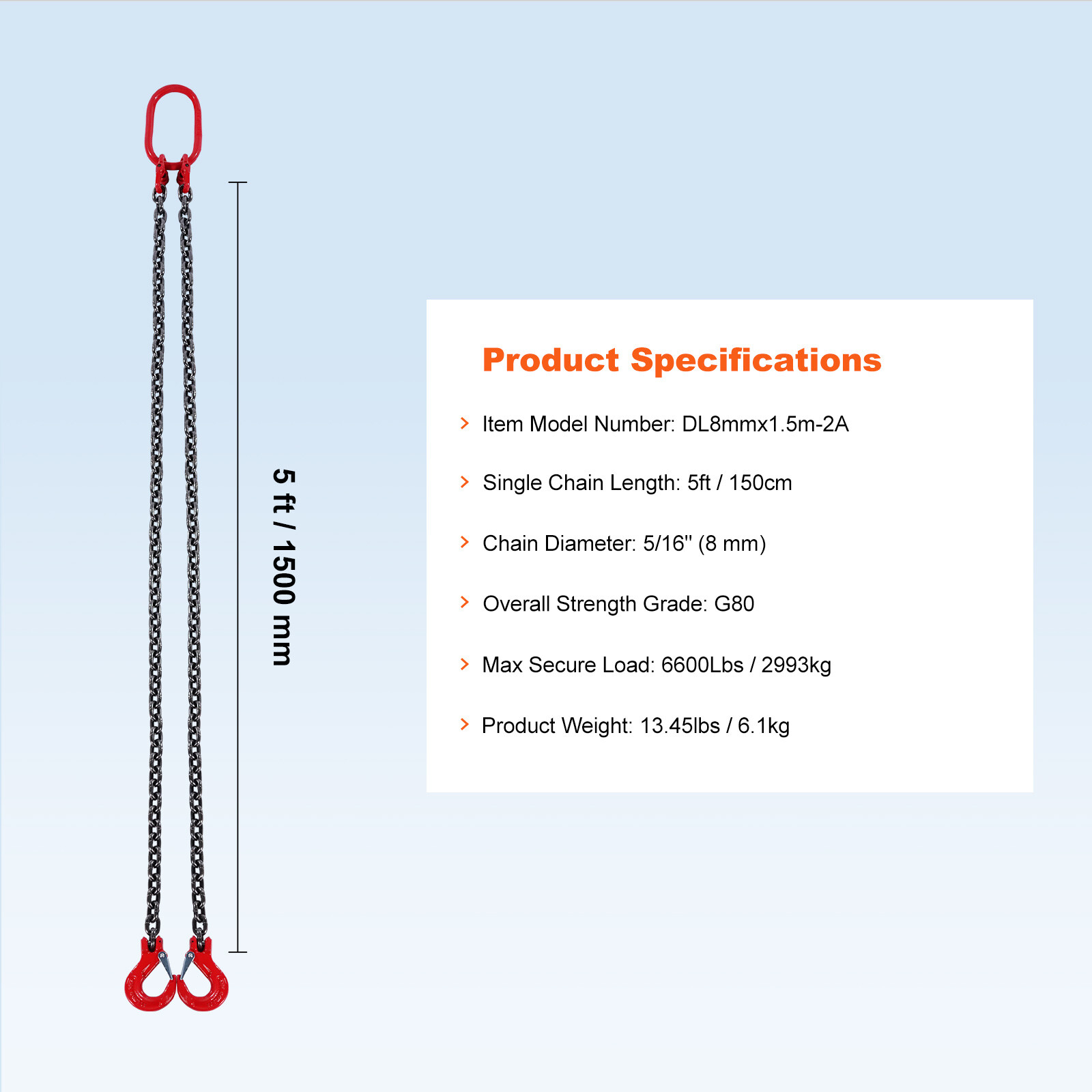 VEVOR 5/16" x 5' Chain Sling 2 Legs G80 Lifting Chain with Grab Hooks 6600 lbs