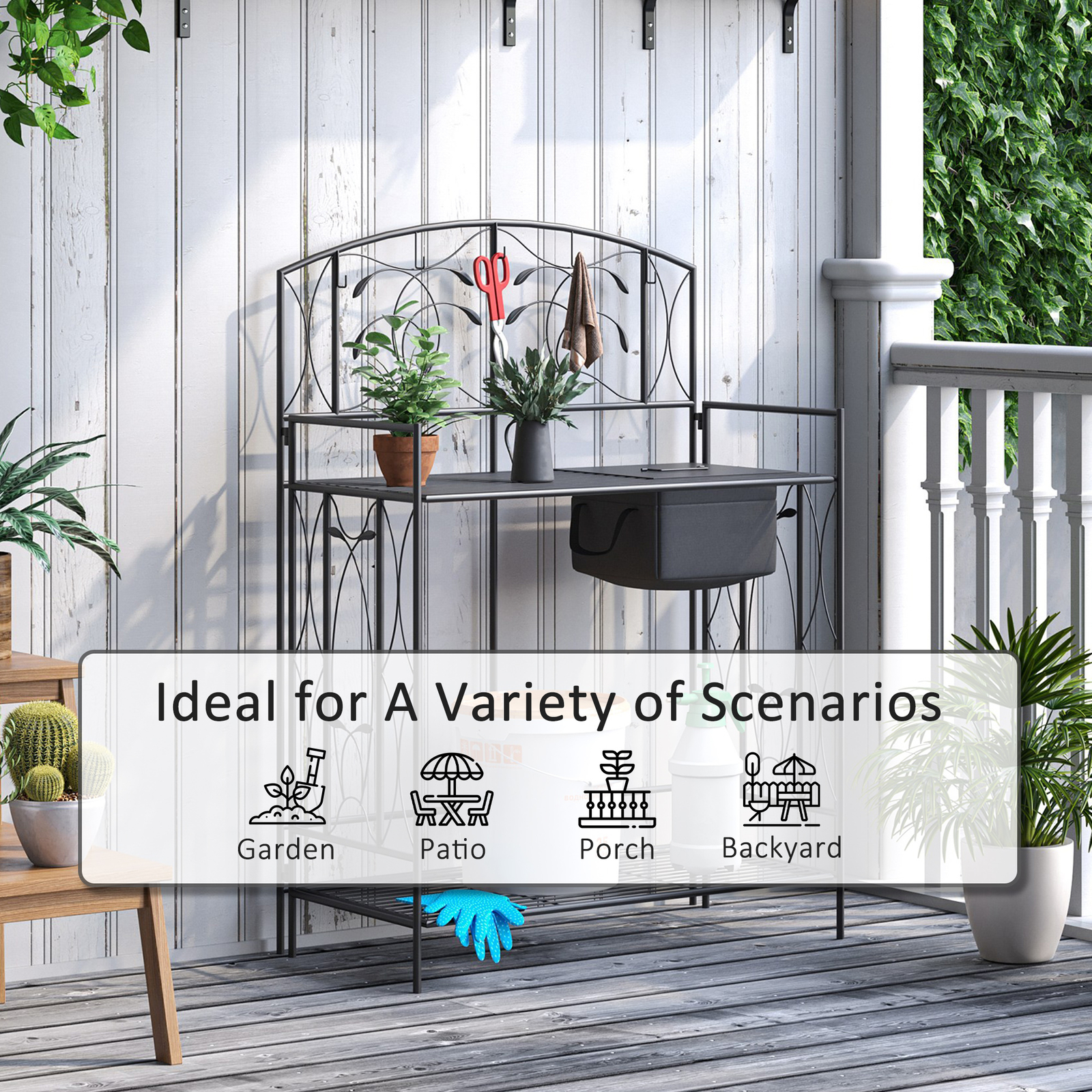 Garden Metal Potting Table Planting Bench Outdoor w/ Bag, Hook