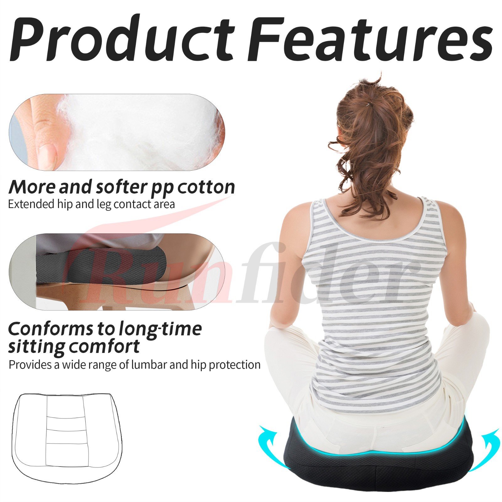 Black Ergonomic Seat Cushion 15.7x15.7x4.7in – Breathable Mesh for Car/Office