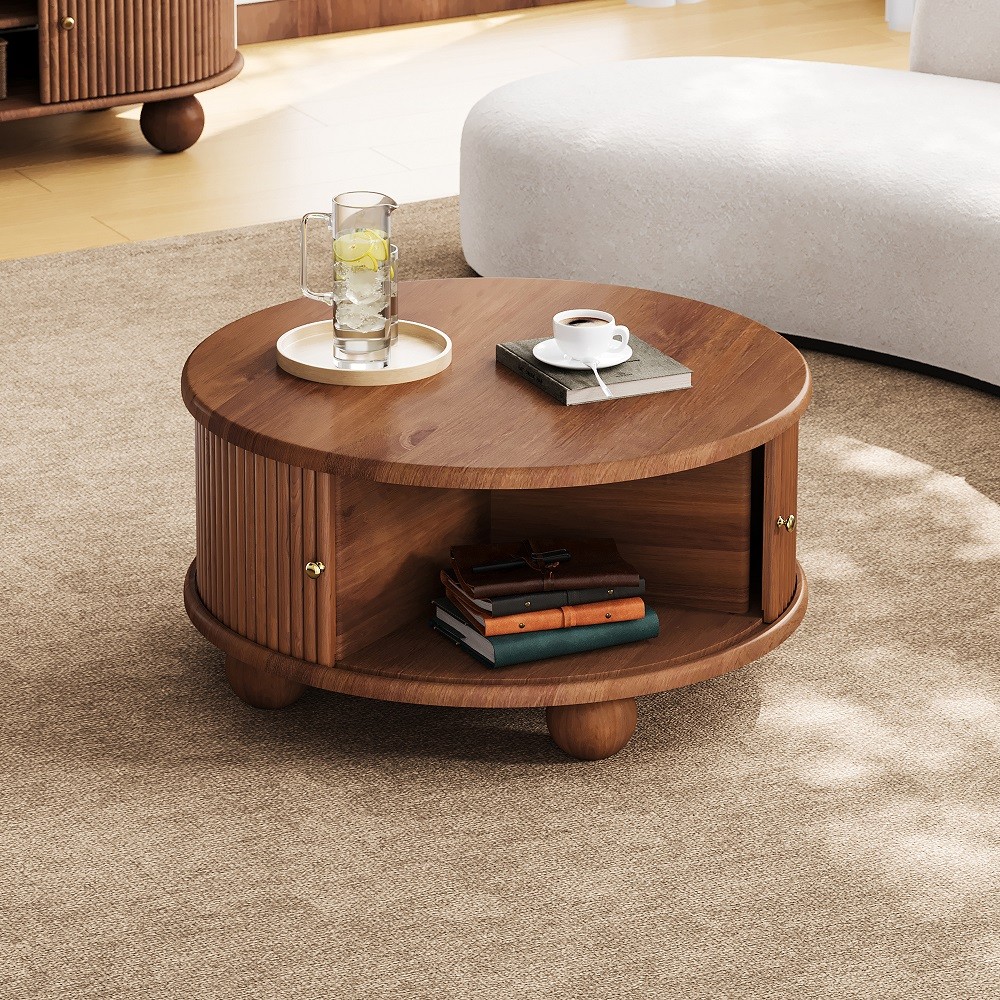 Round Fluted Coffee Table with Storage Pine Solid Wood Sliding Door Walnut Color
