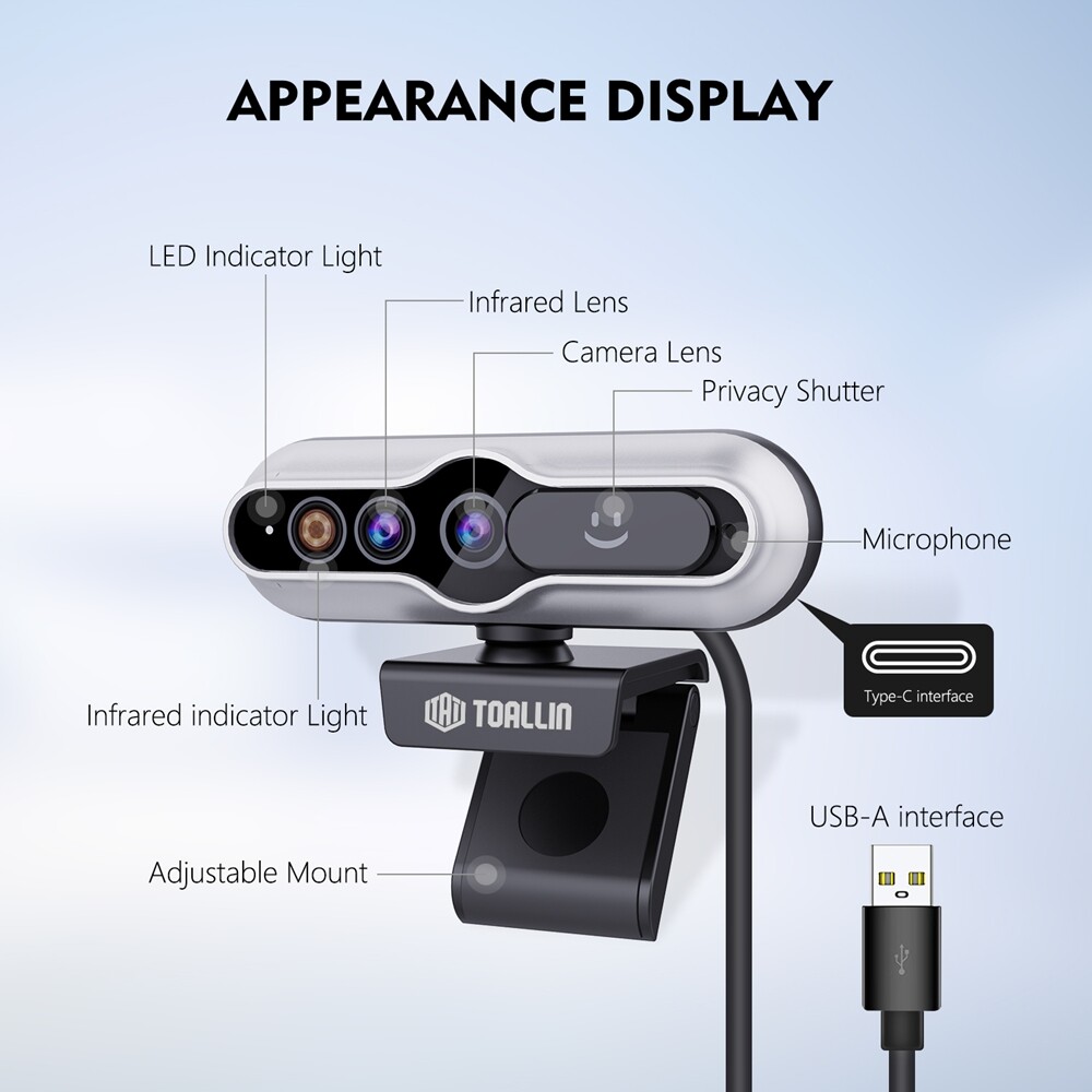 TOALLIN 2K QHD Webcam Auto-Focus Windows Hello Privacy Shutter with Microphone